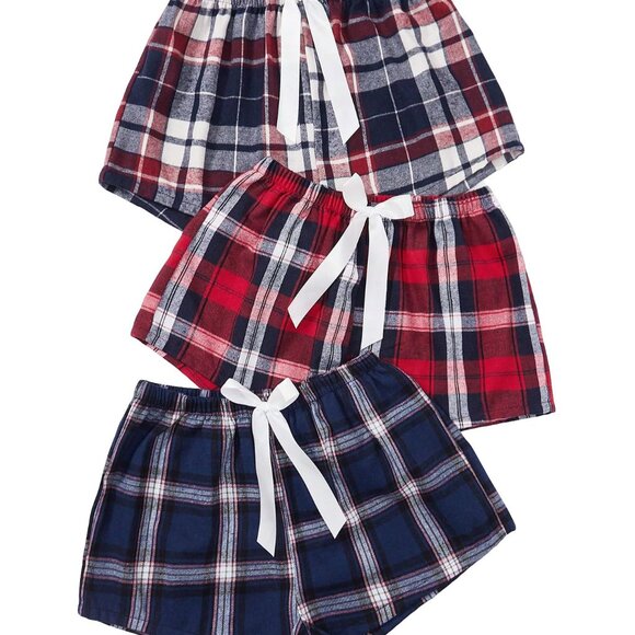 Flannel Pajama Shorts Plaid Elastic Waist Sleepwear Lounge Set 3 Pack